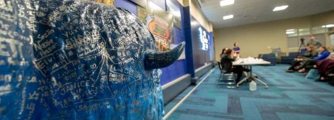 Bull statue in classroom.