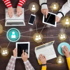 Graphic showing people working on various devices.