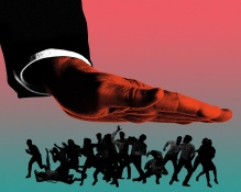 Unnaturally large hand descending downward, hovering over a silhouetted crowd of people to demonstrate a sense of oppression.