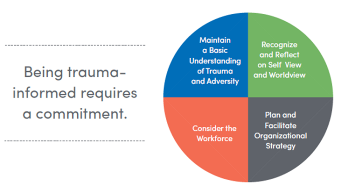 Requirements for being trauma-informed: a commitment: - Maintain a basic understanding of trauma and adversity - Recognize and reflect on self-view and worldview - Consider the workforce - Plan and facilitate organizational strategy.